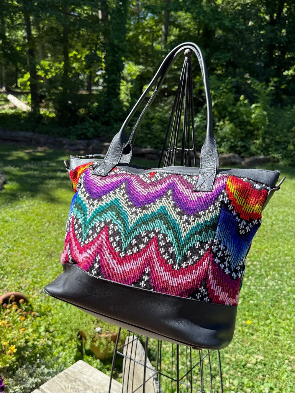 Multicolor Chevron Woven Tote with Black Trim